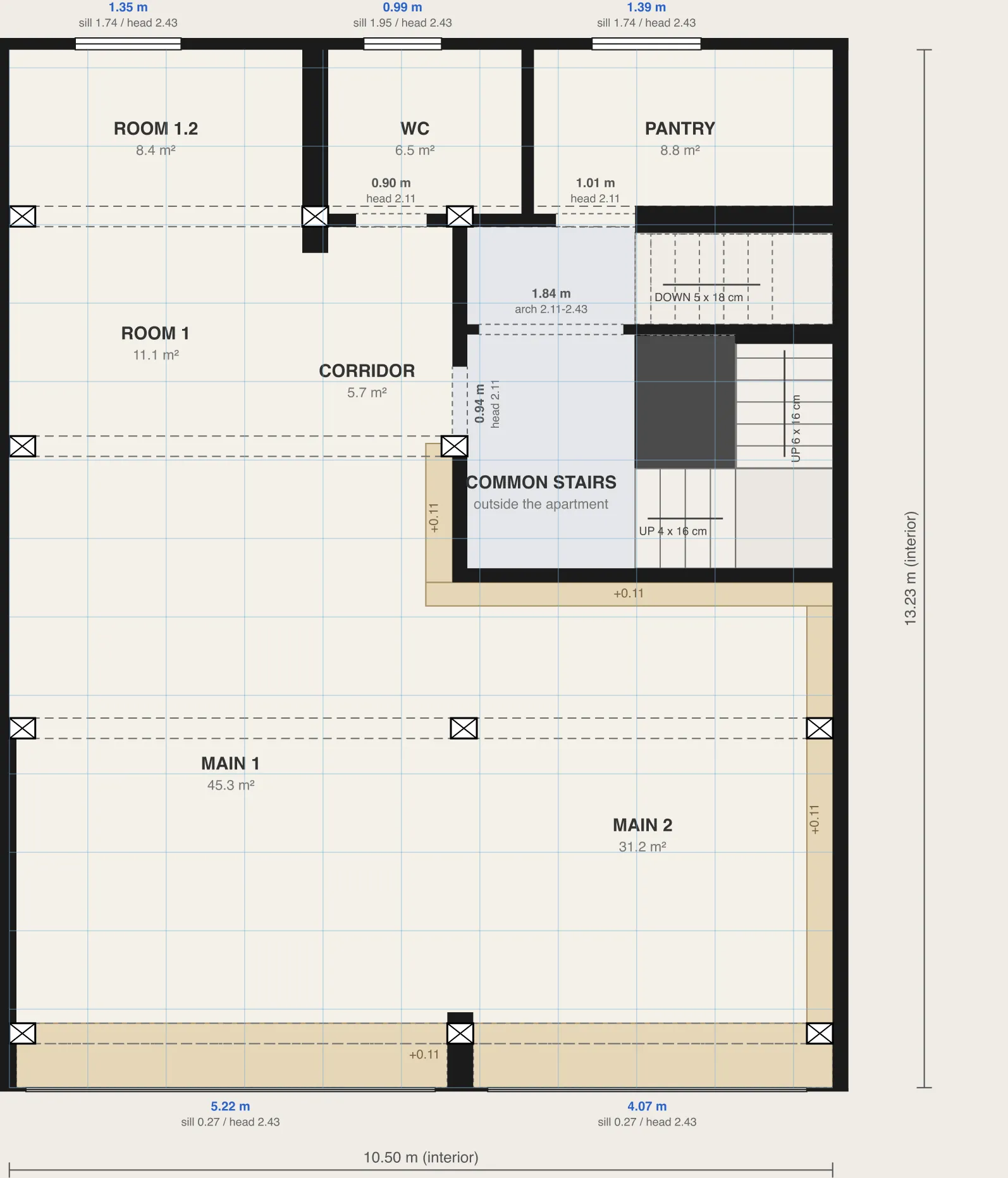 The inferred floor plan, rooms and measures in black on white