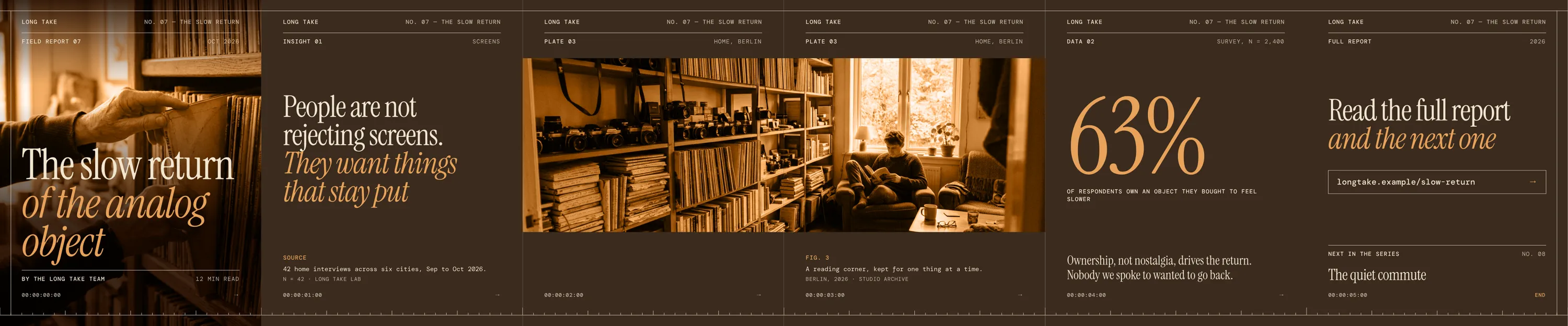 Six slides of an Instagram carousel for Longtake, “The slow return of the analog object”, in brown and amber