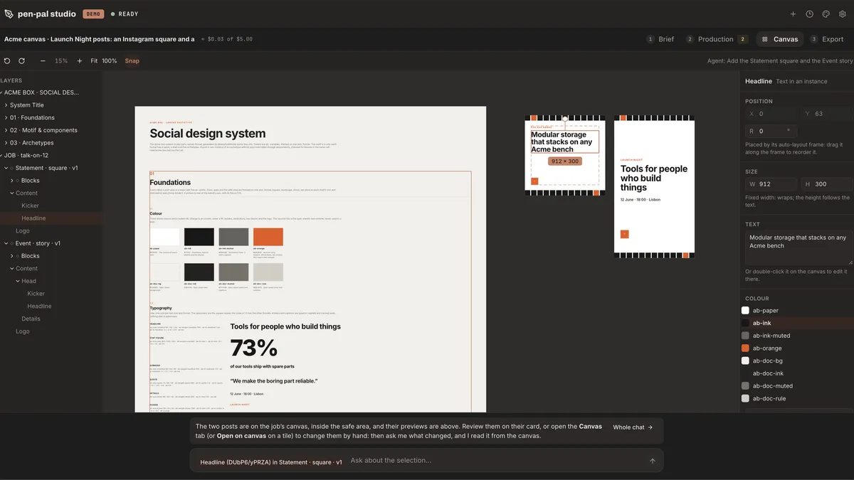 pen-pal studio with a canvas of its own, layers on the left, a social design system in the middle