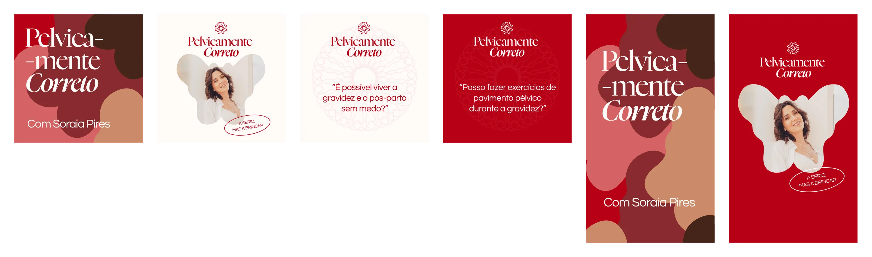 Square and story posts launching an episode of the Pelvicamente Correto podcast, in red and cream
