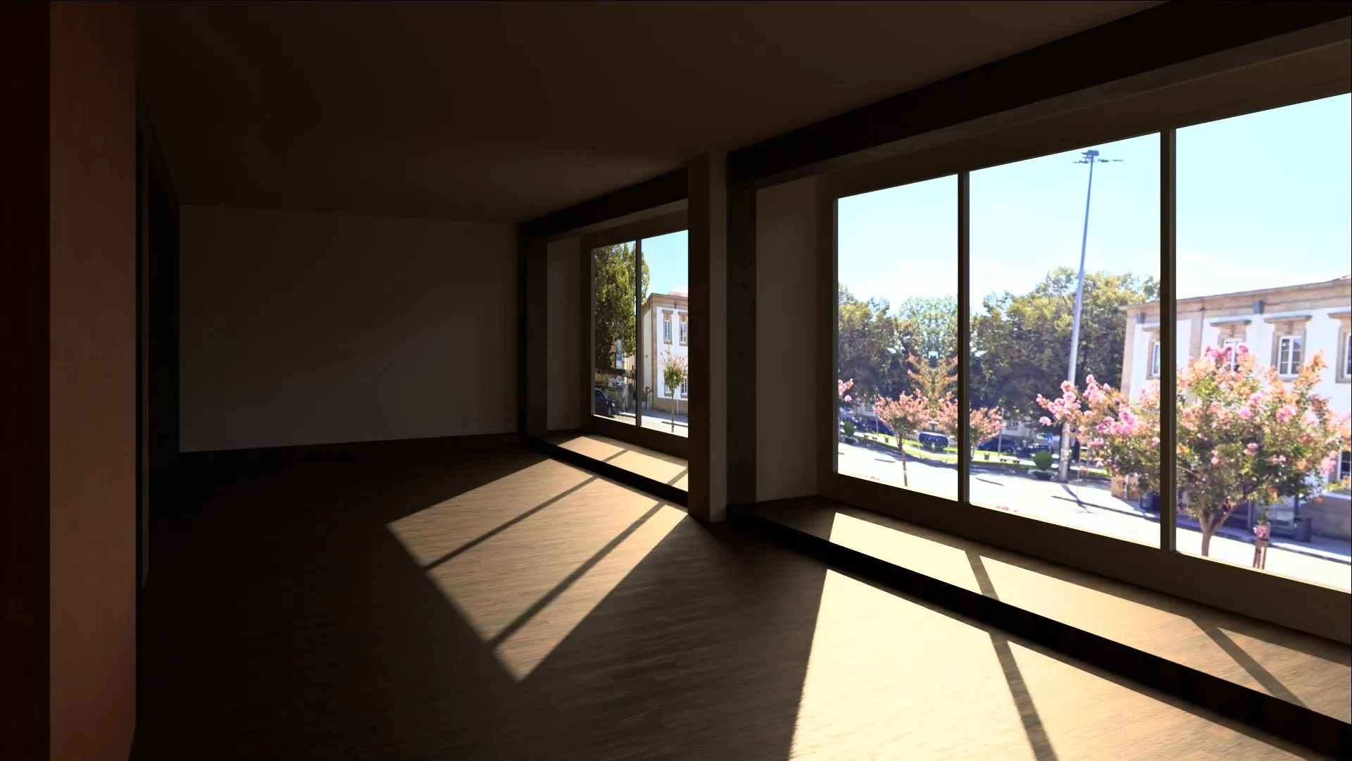 A render of the living room from the kitchen